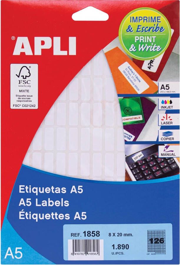 Apli witte etiketten Print &amp Write ft 8 x 20 mm(b x h ) 1.890 stuks 126 per blad(1858 )