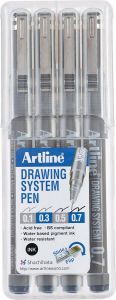 Artline Fineliner Drawing System etui van 4 stuks: 0 1 0 3 0 5 en 0 7 mm