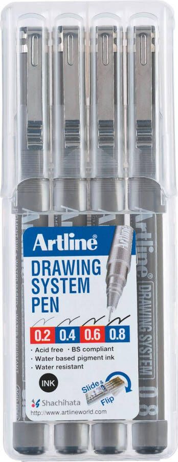 Artline Fineliner Drawing System etui van 4 stuks: 0 2 0 4 0 6 en 0 8 mm