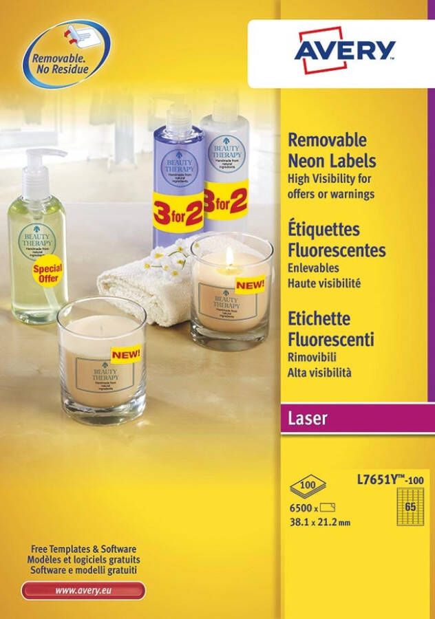 Avery afneembare neon etiketten ft 38 1 x 21 2 mm (b x h) doos van 100 blad 6500 stuks neongeel