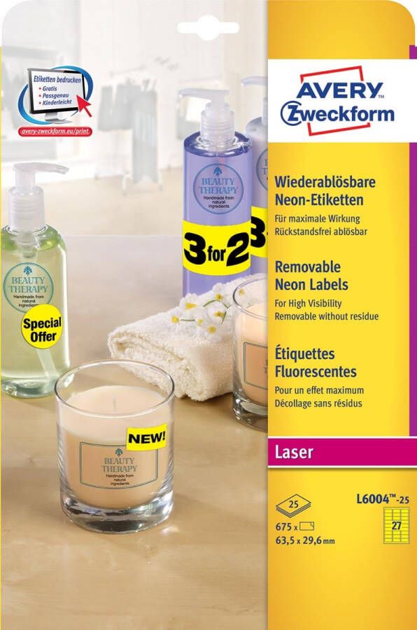 Avery afneembare neon etiketten ft 63 5 x 29 6 mm (b x h) doos van 675 stuks (25 vel van 27) neongeel