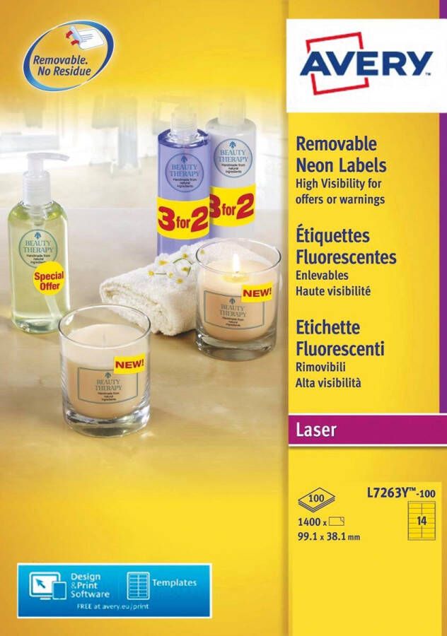 Avery afneembare neon etiketten ft 99 1 x 38 1 mm (b x h) doos van 100 blad 1400 stuks neongeel