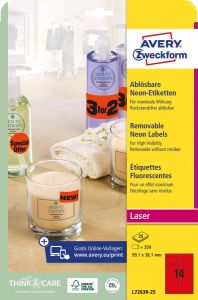 Avery afneembare neon etiketten ft 99 1 x 38 1 mm (b x h) doos van 25 blad 350 stuks neonrood