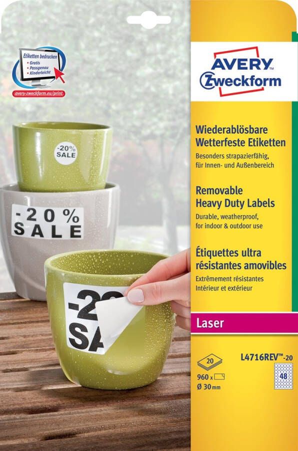AVERY Weerbestendige etiketten Ã 30 mm wit Laserprinter Kopieerapparaat afneembaar L4716REV-20