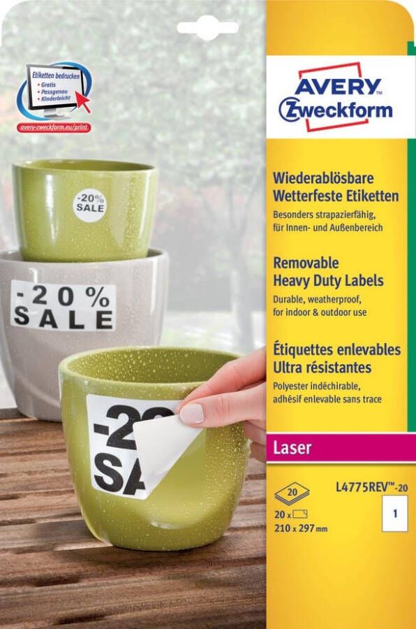Avery afneembare weerbestendige etiketten ft 210 x 297 mm (b x h) wit doos van 20 etiketten