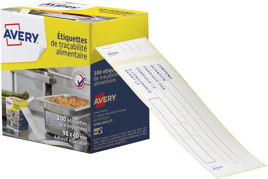Avery etiketten voedselcodering ft 98 x 40 mm 1 rol met 300 afscheurbare etiketten in dispenser Frans