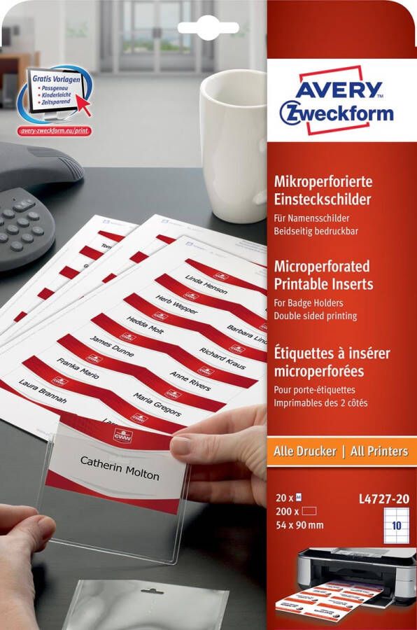 AVERY Insteekkaarten voor badgehouders Inkjetprinter Laserprinter Kopieerapparaat L4727-20