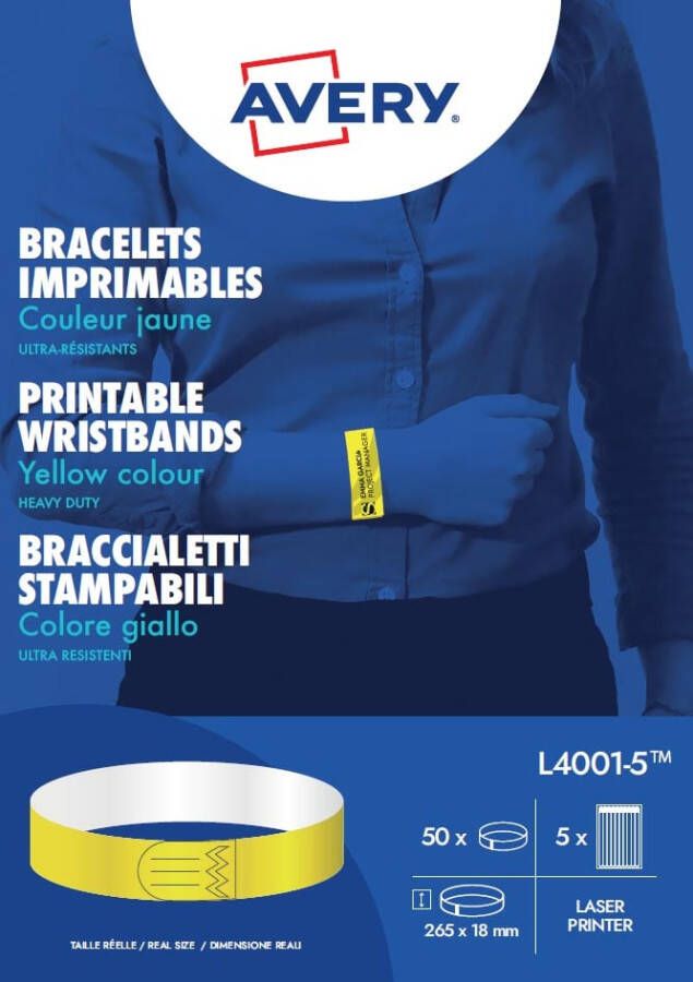 Avery bedrukbare polsbandjes ft 18 x 265 mm geel pak van 50 etiketten