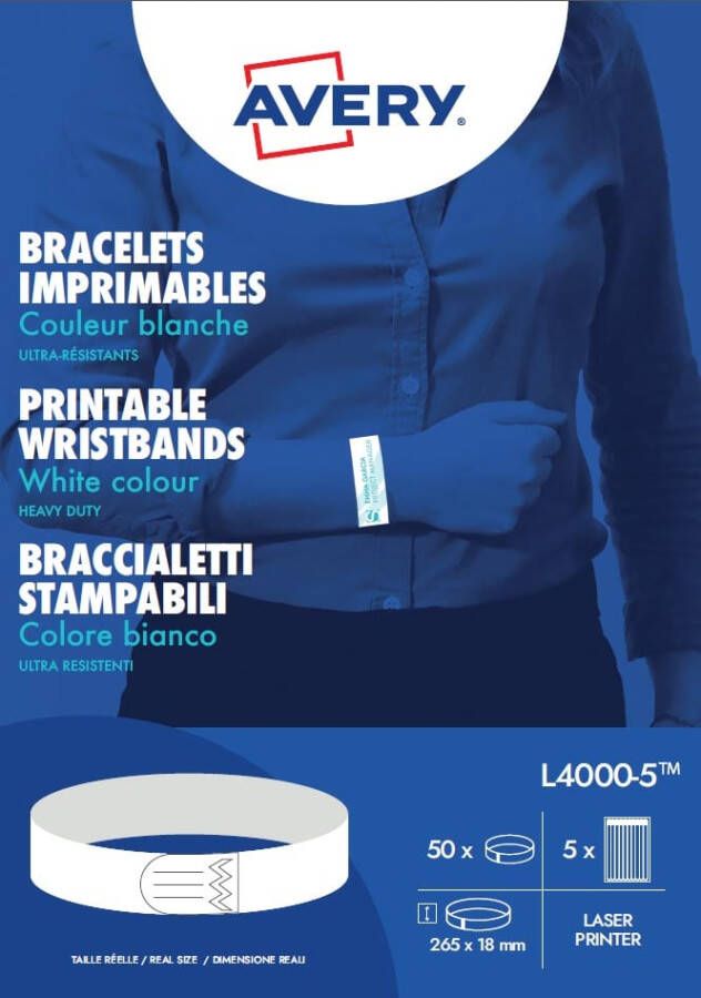 Avery bedrukbare polsbandjes ft 18 x 265 mm wit pak van 50 etiketten