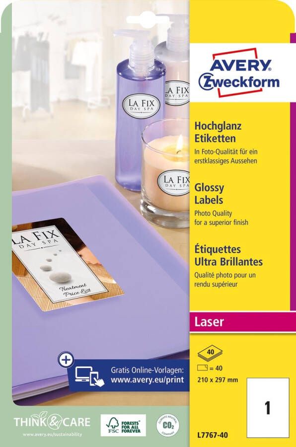 Avery Etiketten hoogglanzend ft 210 x 297 mm (b x h) doos van 40 blad 40 stuks