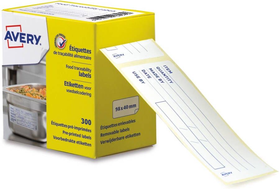 Avery etiketten voedselcodering ft 98 x 40 mm 1 rol met 300 afscheurbare etiketten in dispenser Engels