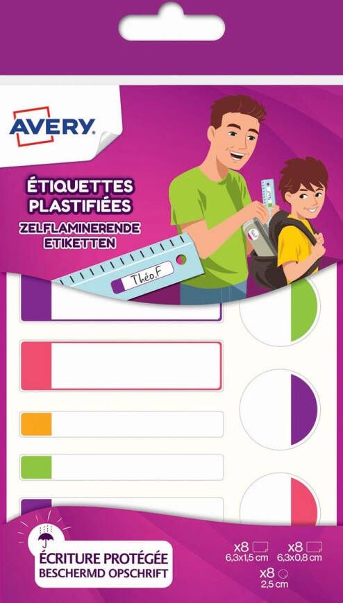 Avery Family gelamineerde etiketten etui met 24 etiketten geassorteerde formaten en fluo kleuren