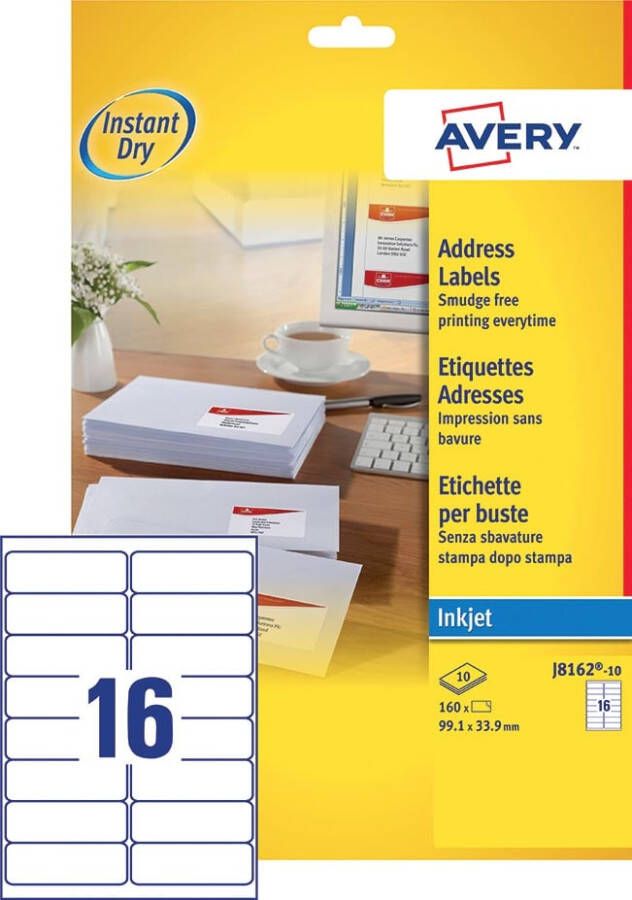 AVERY Adresetiketten 99 1 x 33 9 mm wit Inkjetprinter permanent klevend J8162-10