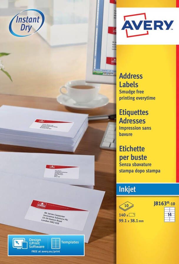 Avery J8163-10 adresetiketten ft 99 1 x 38 1 mm (b x h) 140 etiketten wit