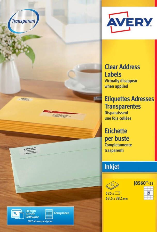 Avery J8560-25 adresetiketten ft 63 5 x 38 1 mm (b x h) 525 etiketten transparant