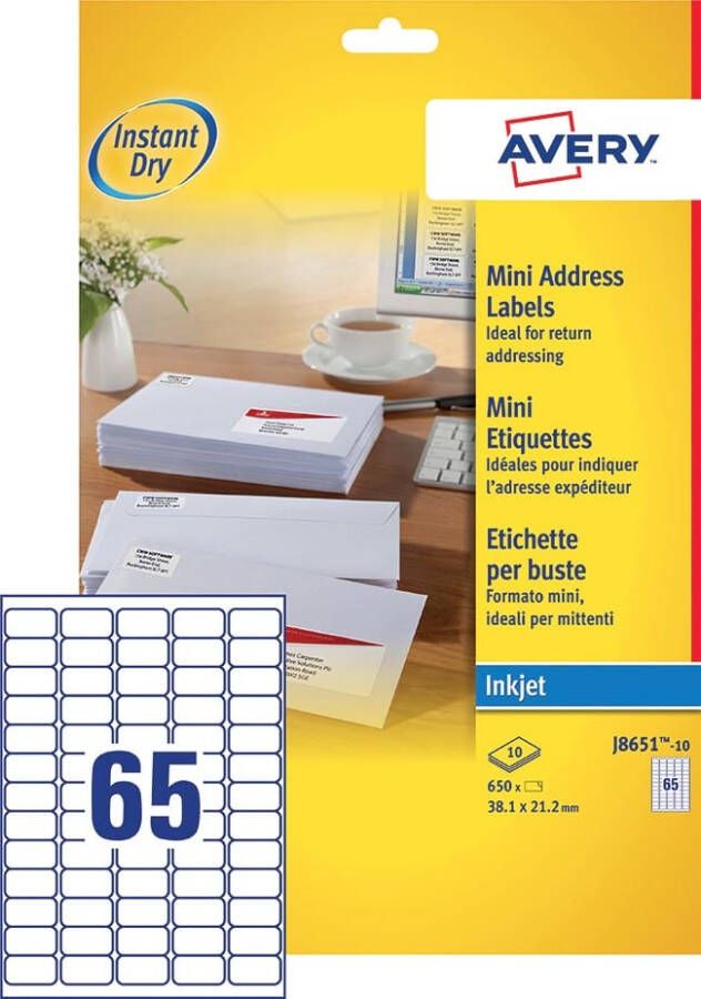 Avery J8651-10 mini etiketten ft 38 1 x 21 2 mm (b x h) 650 etiketten wit