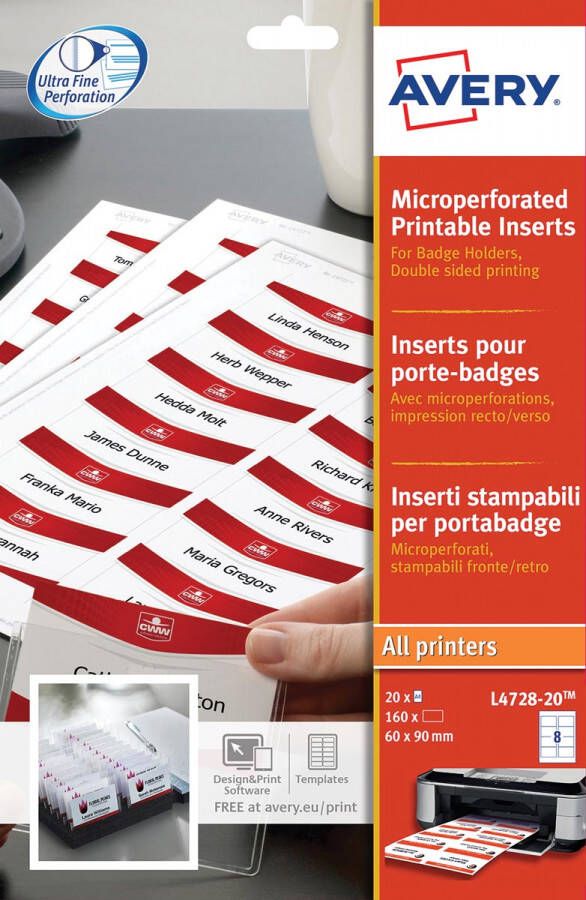 AVERY Insteekkaarten voor badgehouders Inkjetprinter Laserprinter Kopieerapparaat L4728-20