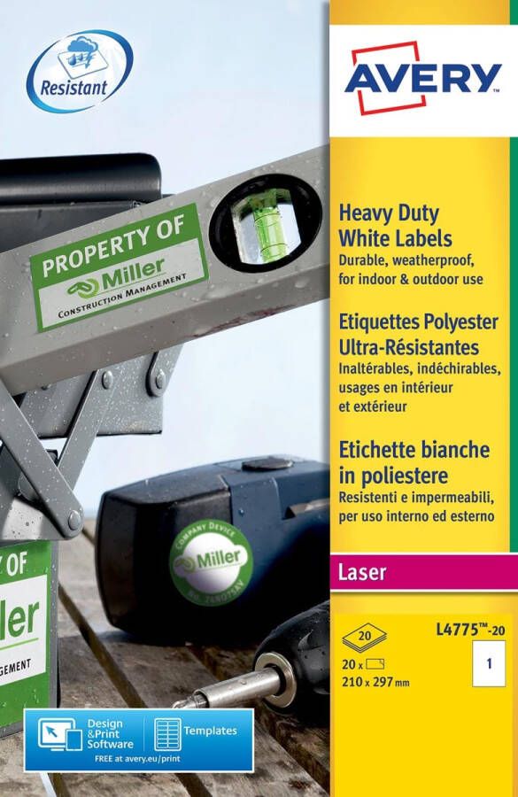 Avery L4775-20 ultra-sterke etiketten ft 210 x 297 mm (b x h) 20 etiketten wit
