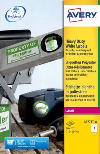 Avery L4775-20 ultra-sterke etiketten ft 210 x 297 mm (b x h) 20 etiketten wit