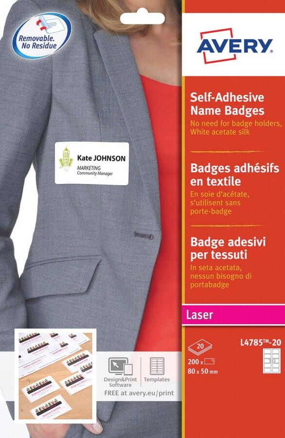 AVERY Zelfklevende naambadges 80 x 50 mm Laserprinter wit afneembaar L4785-20 200 stuks