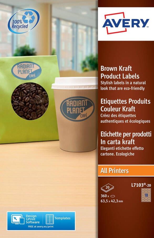 Avery L7103-20 productetiketten ft 63 5 x 42 3 mm (b x h) 360 etiketten kraft ovaal