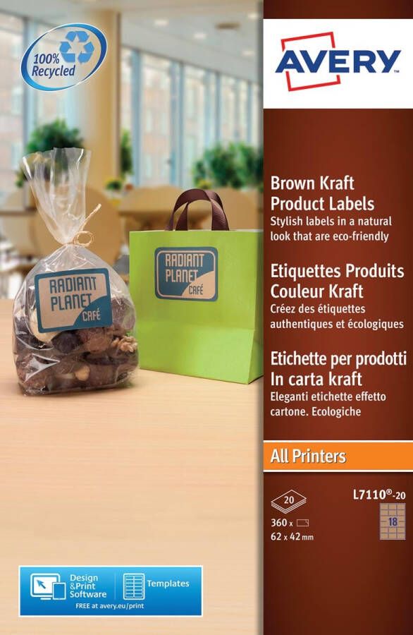 Avery L7110-20 productetiketten ft 62 x 42 mm (b x h) 360 etiketten kraft