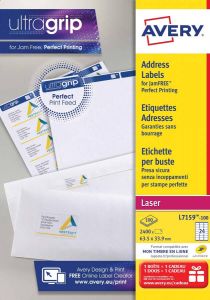 Avery L7159 Adresetiketten Laser Ultragrip wit 100 vellen 24 per vel 63 5 x 33 9 mm