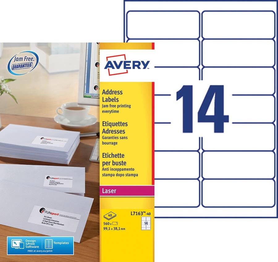 Avery L7163 Adresetiketten Laser Ultragrip wit 40 vellen 14 per vel 99 1 x 38 1 mm