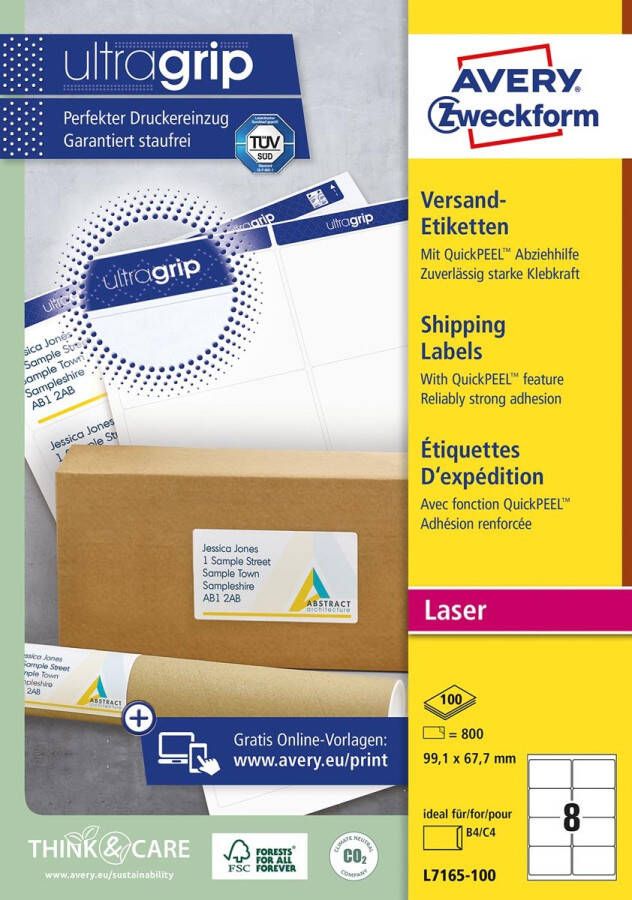 Avery L7165 Verzendetiketten Laser Ultragrip wit 100 vellen 8 per vel 99 1 x 67 7 mm