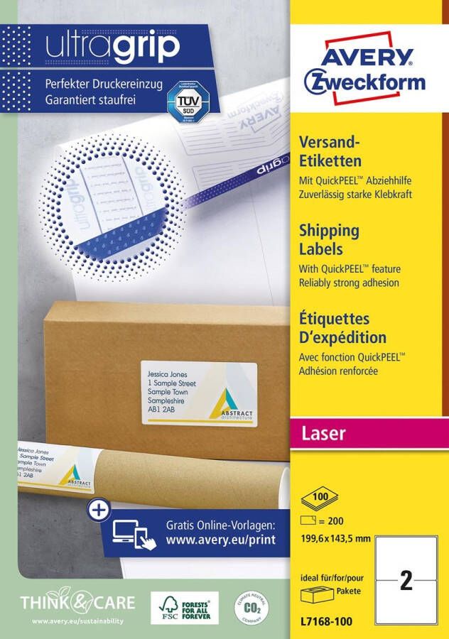 Avery L7168 Verzendetiketten Laser Ultragrip wit 100 vellen 2 per vel 199 6 x 143 5 mm