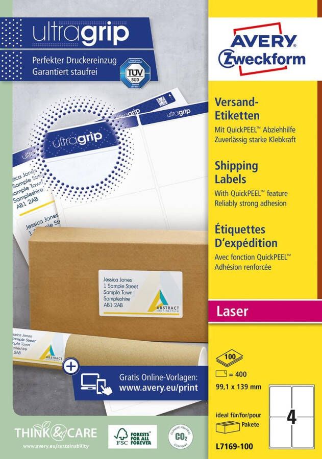 Avery L7169 Verzendetiketten Laser Ultragrip wit 100 vellen 4 per vel 99 1 x 139 mm