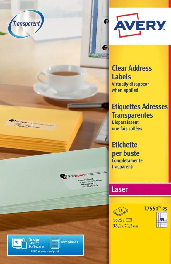 Avery L7551-25 adresetiketten ft 38 1 x 21 2 mm (b x h) 1.625 etiketten transparant