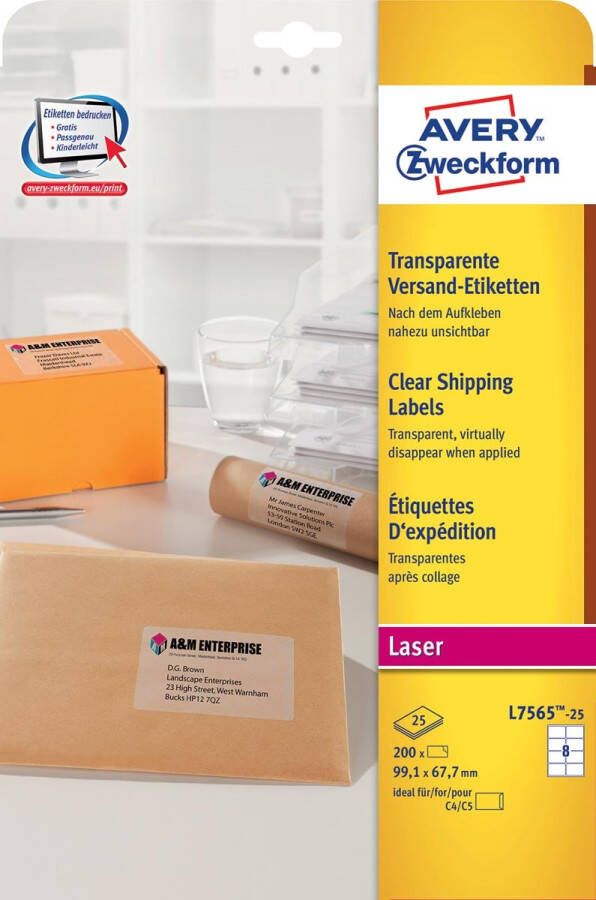 Avery L7565-25 verzendetiketten ft 99 1 x 67 7 mm (b x h) 200 etiketten transparant