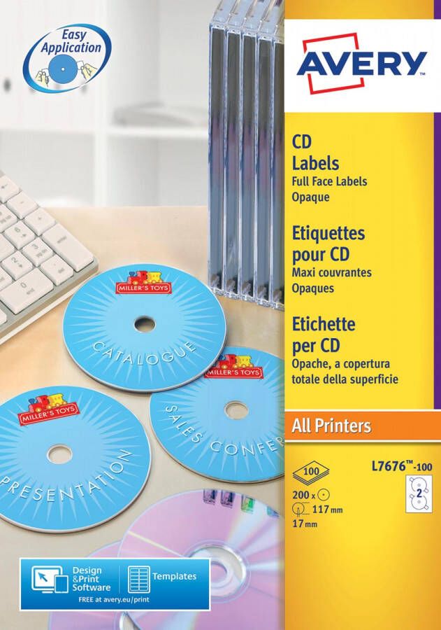 AVERY CD etiketten Ã 117 mm wit Inkjetprinter Laserprinter Kopieerapparaat permanent klevend L7676-100