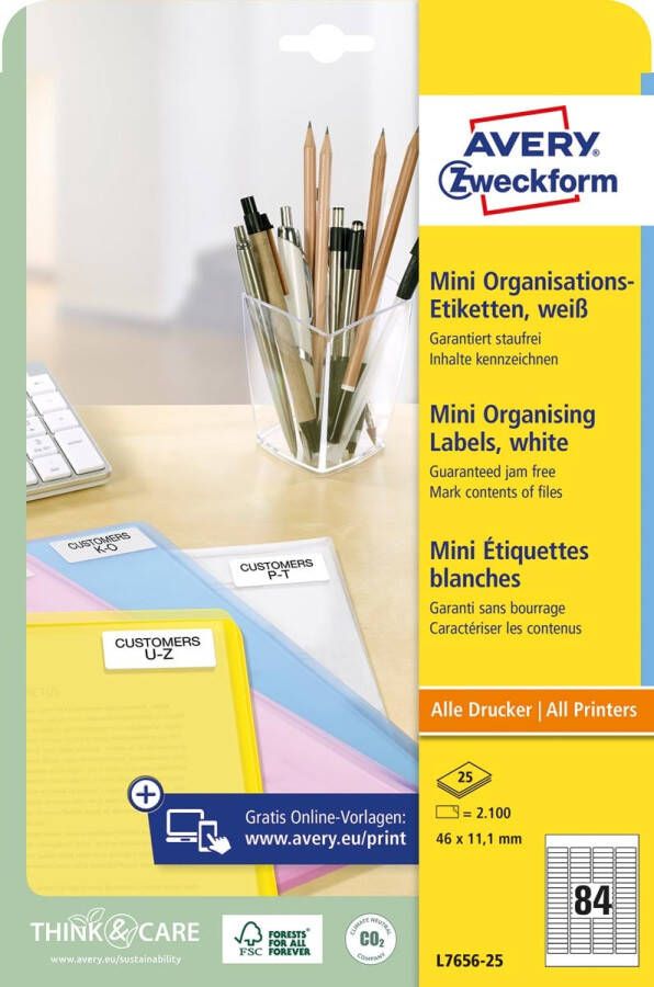 Avery mini-etiketten ft 46 x 11 1 mm (b x h) 2.100 stuks 84 per blad doos van 25 blad