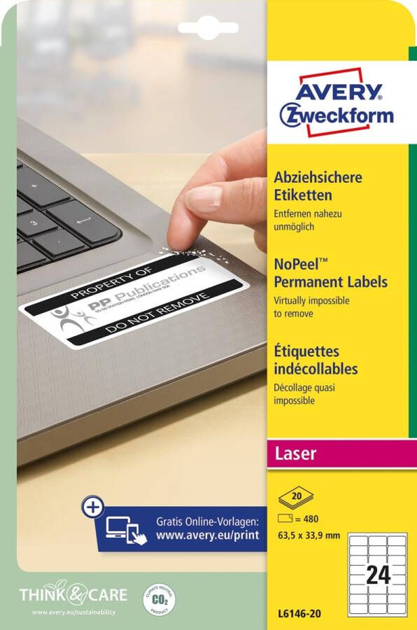 AVERY Anti-fraude etiketten 63 5 x 33 9 mm wit Laserprinter permanent klevend L6146-20