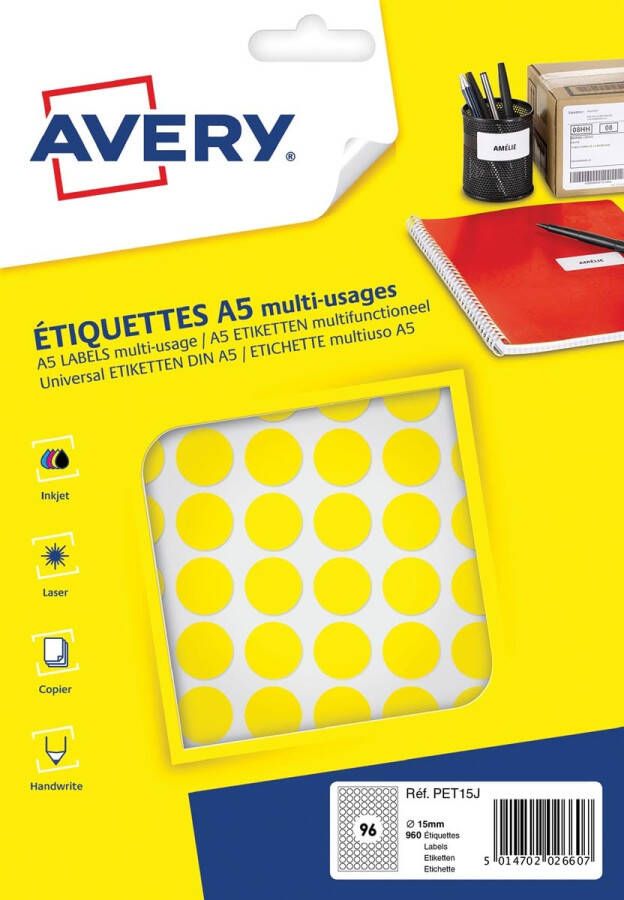 Avery PET15J ronde markeringsetiketten diameter 15 mm blister van 960 stuks geel