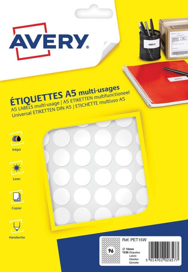 Avery PET15W ronde markeringsetiketten diameter 15 mm blister van 1536 stuks wit