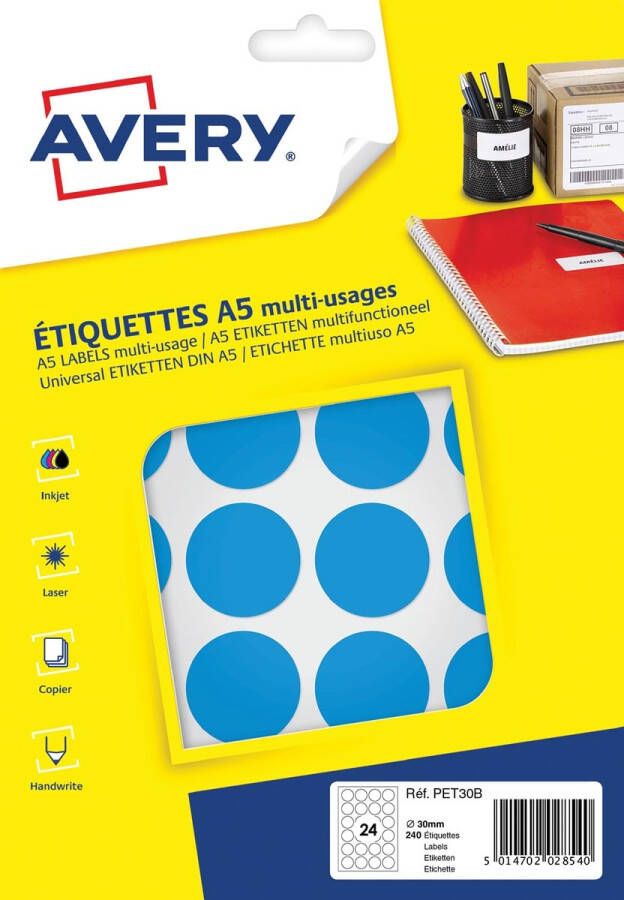 Avery PET30B ronde markeringsetiketten diameter 30 mm blister van 240 stuks lichtblauw