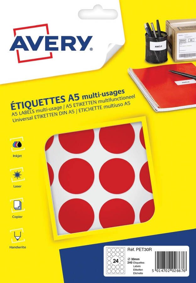 Avery PET30R ronde markeringsetiketten diameter 30 mm blister van 240 stuks rood