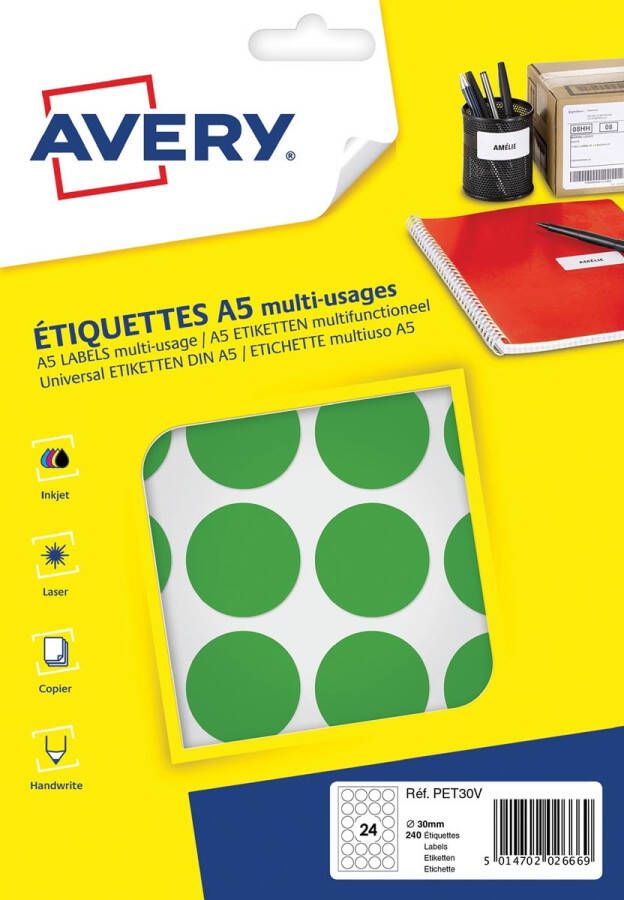 Avery PET30V ronde markeringsetiketten diameter 30 mm blister van 240 stuks groen