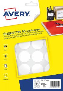 Avery PET30W ronde markeringsetiketten diameter 30 mm blister van 384 stuks wit