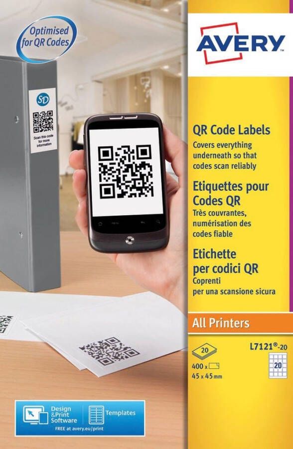 AVERY QR-code etiketten 45 x 45 mm wit Inkjetprinter Laserprinter Kopieerapparaat L7121-20