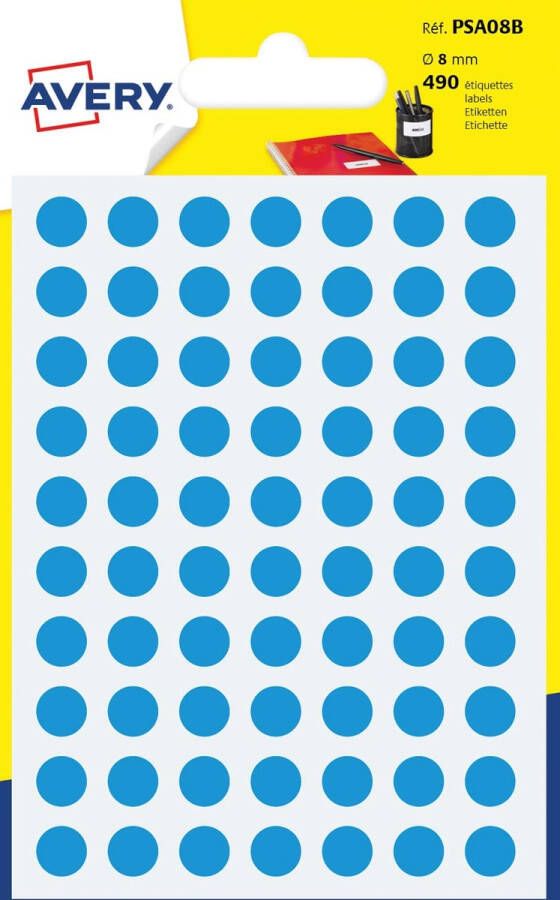 Avery PSA08B ronde markeringsetiketten diameter 8 mm blister van 490 stuks lichtblauw
