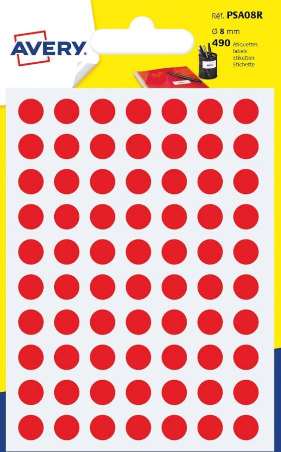 Avery PSA08R ronde markeringsetiketten diameter 8 mm blister van 490 stuks rood