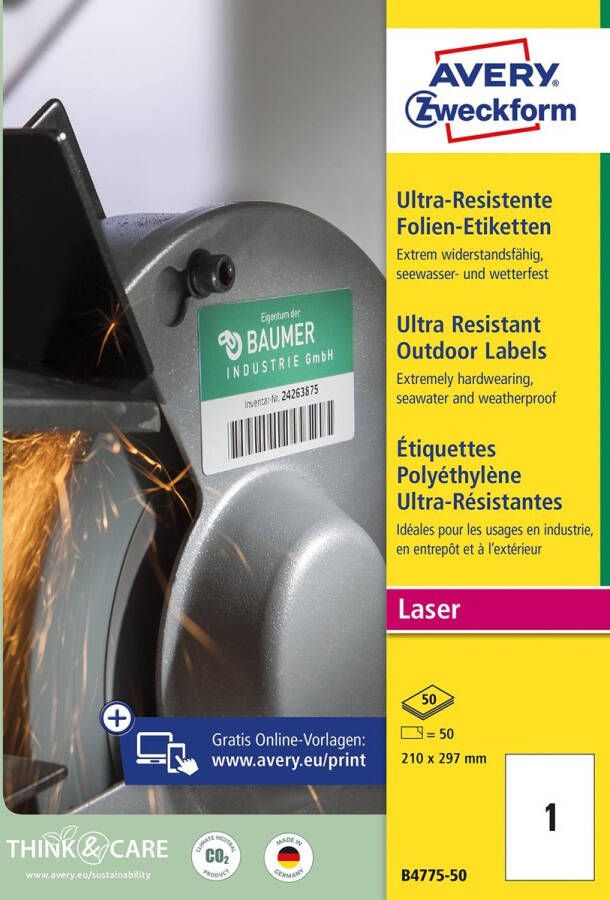AVERY Ultra-resistente etiketten 210 x 297 mm wit Laserprinter Kopieerapparaat permanent klevend B4775-50