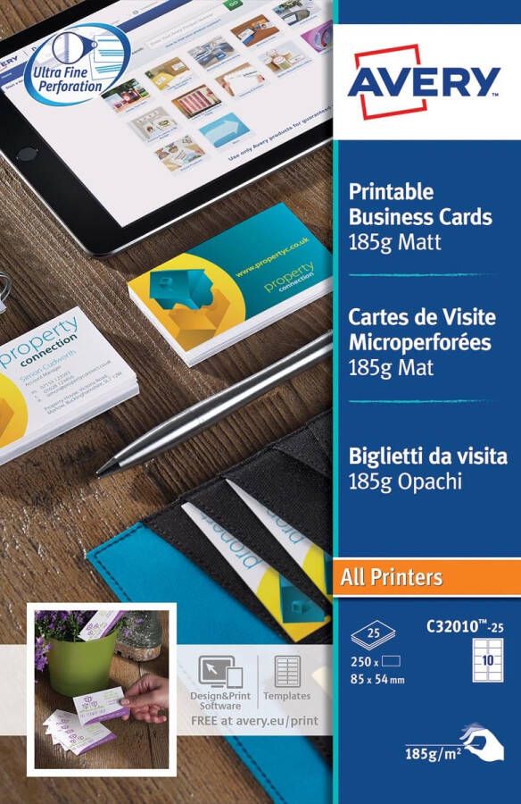 AVERY Visitekaartjes microperforatie 185 g mÂ² mat Inkjetprinter Laserprinter Kopieerapparaat C32010-25