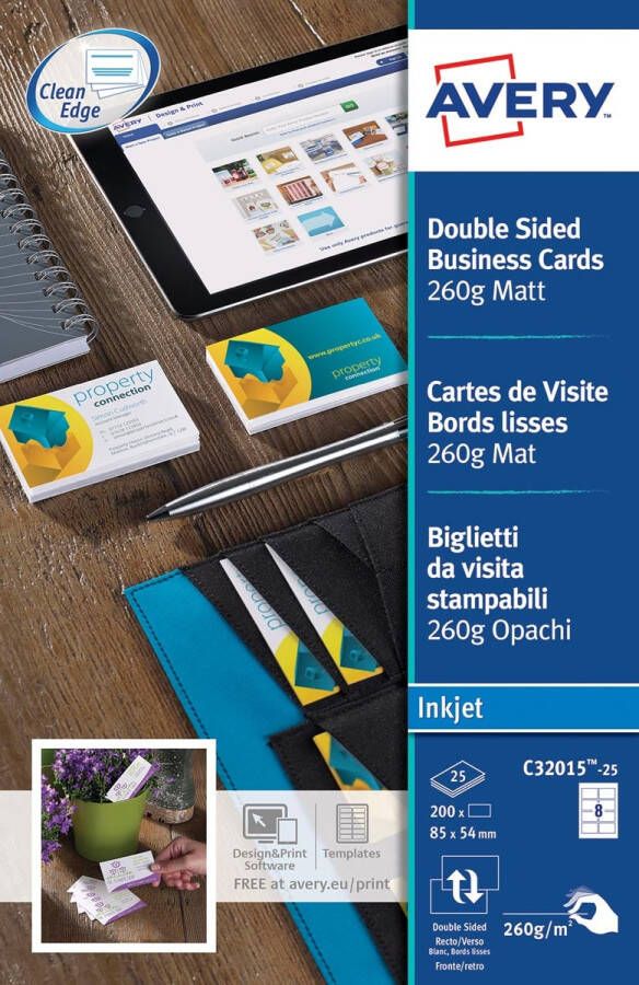 Avery visitekaarten voor inkjet Quick&Clean mat 200 kaartjes 260 g m²