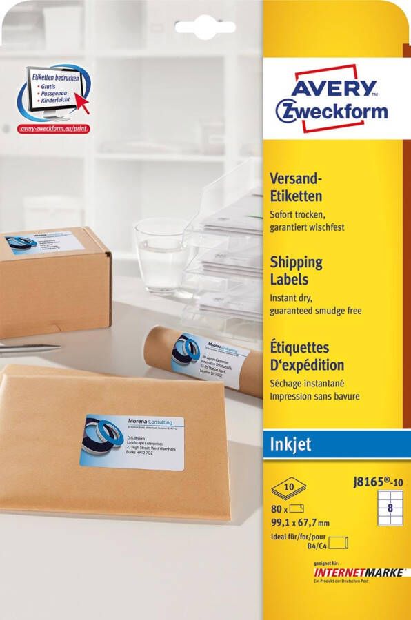Avery Witte etiketten QuickDry doos van 10 blad ft 99 1 x 67 7 mm (b x h) 80 stuks 8 per blad Met ...