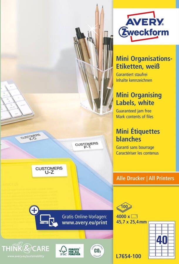 Avery Witte laseretiketten QuickPeel ft 45 7 x 25 4 mm (b x h) 4.000 stuks doos van 100 blad
